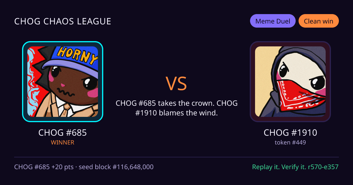 Highlight card: CHOG #685 versus CHOG #1910