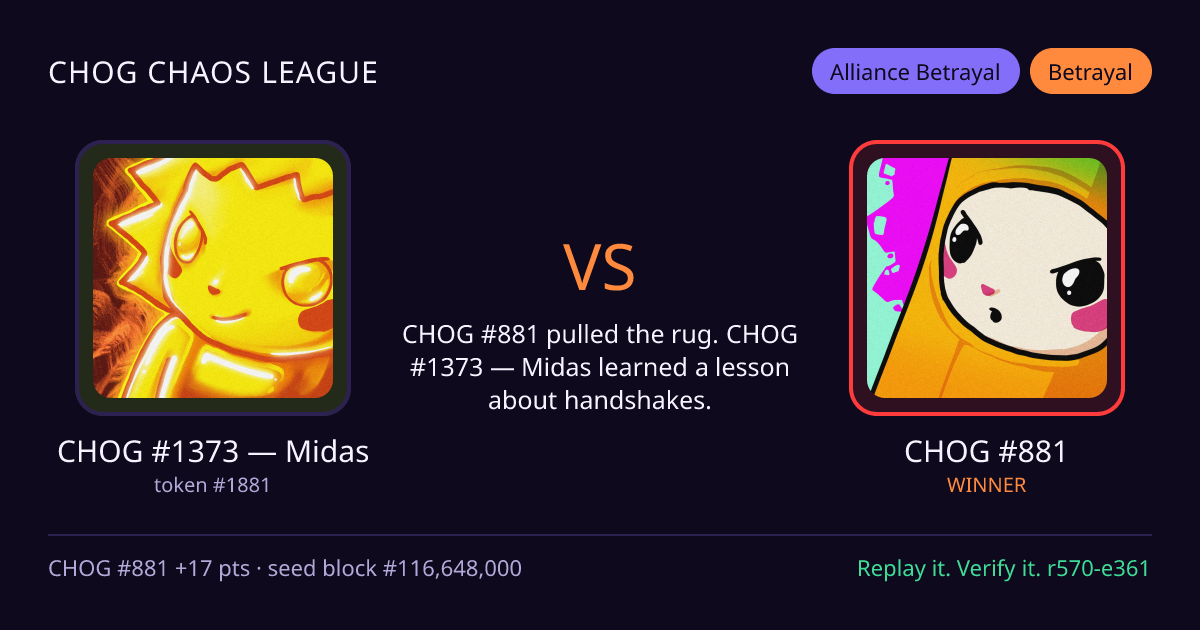 Highlight card: CHOG #1373 — Midas versus CHOG #881
