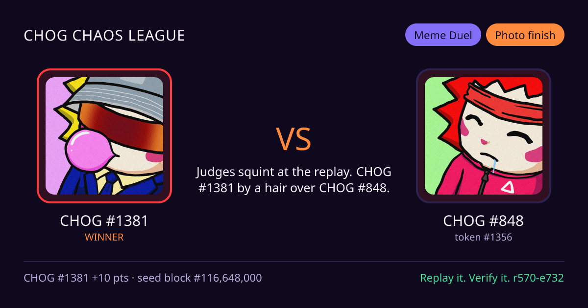 Highlight card: CHOG #1381 versus CHOG #848