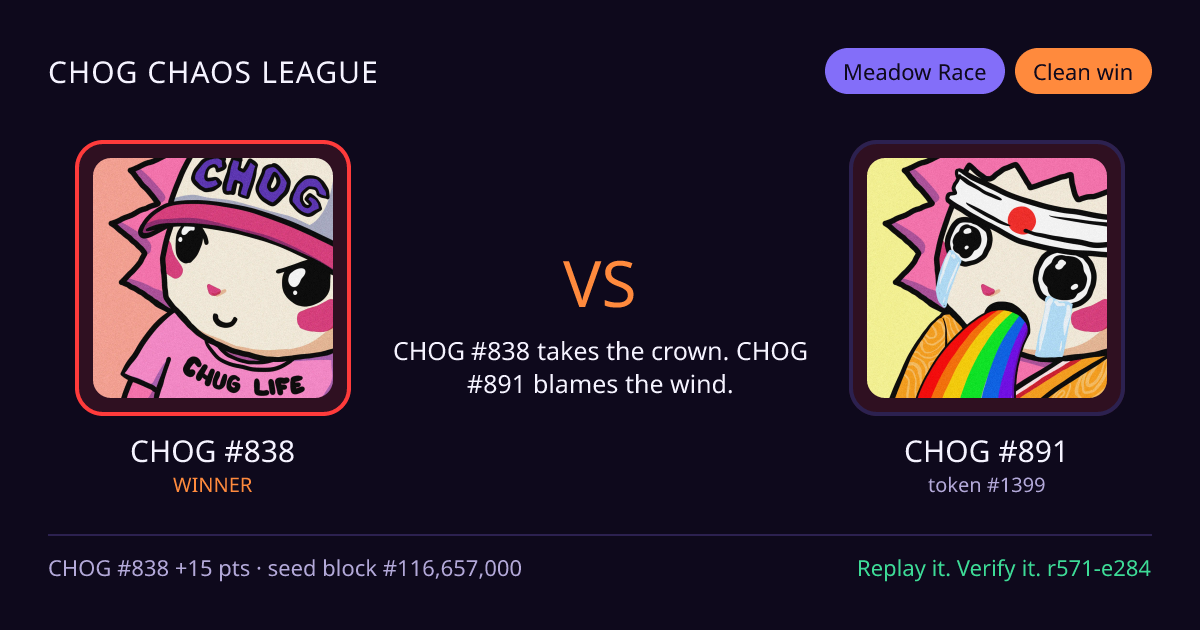 Highlight card: CHOG #838 versus CHOG #891