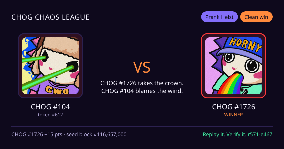 Highlight card: CHOG #104 versus CHOG #1726
