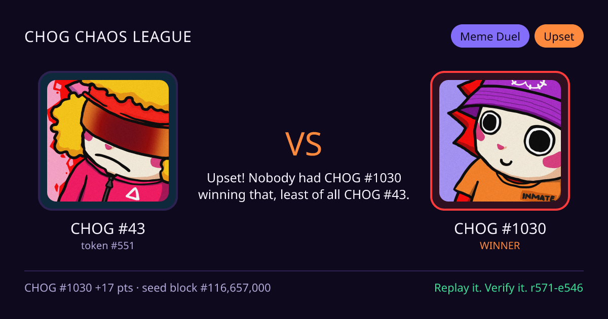 Highlight card: CHOG #43 versus CHOG #1030