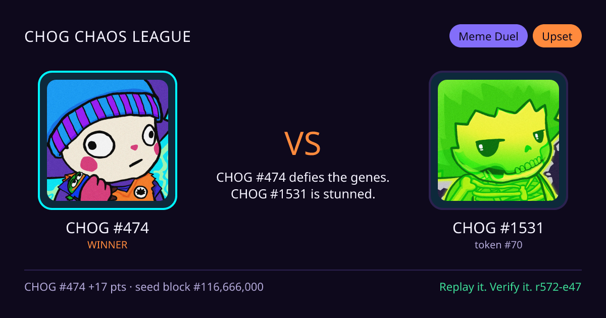 Highlight card: CHOG #474 versus CHOG #1531
