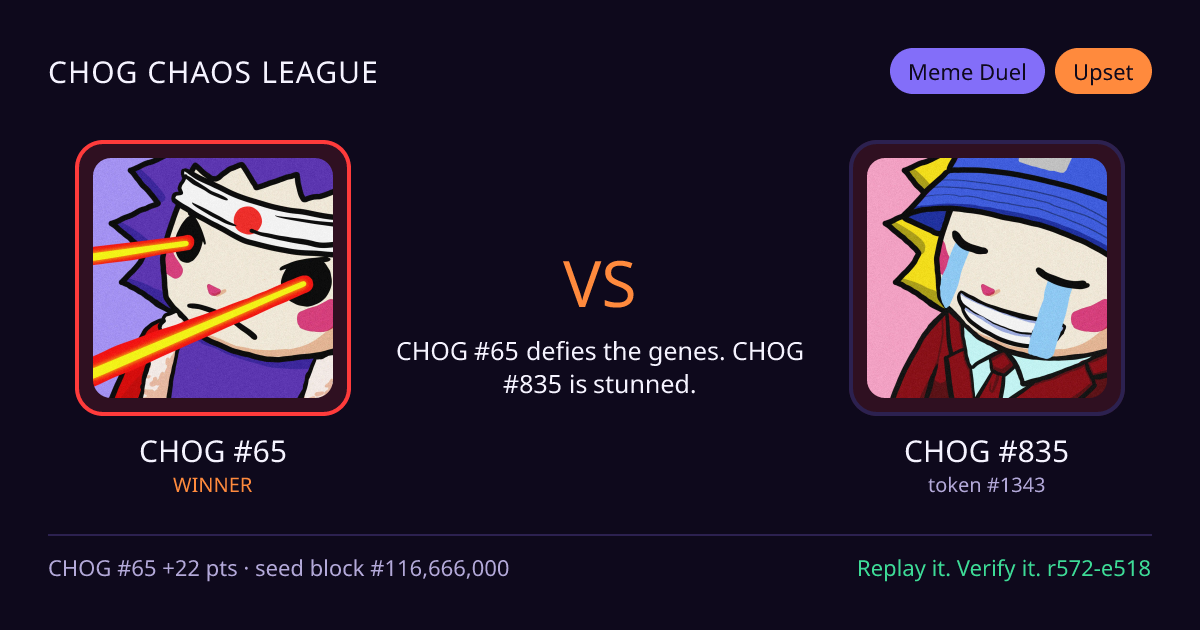 Highlight card: CHOG #65 versus CHOG #835
