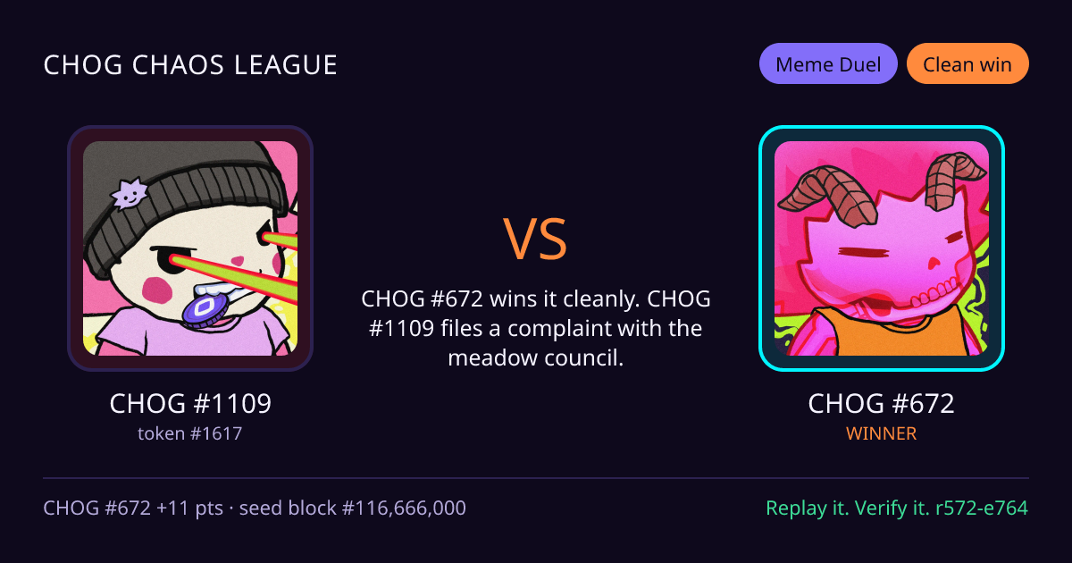 Highlight card: CHOG #1109 versus CHOG #672