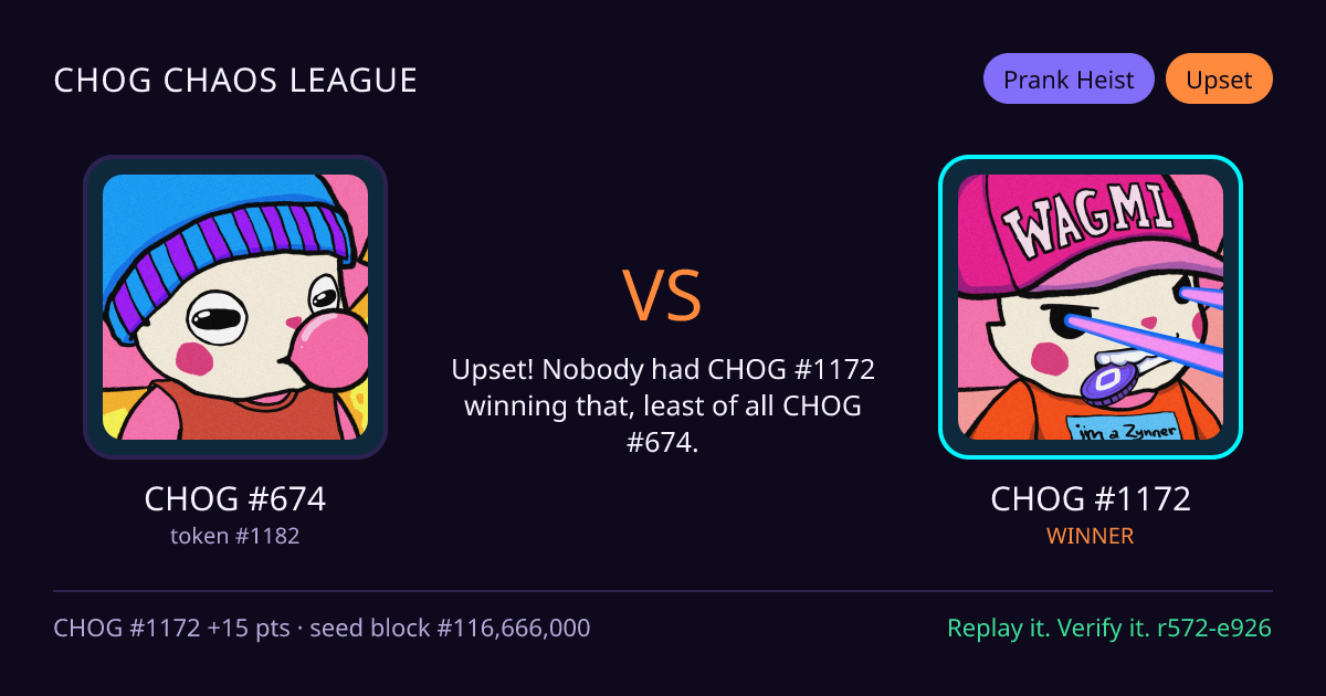 Highlight card: CHOG #674 versus CHOG #1172
