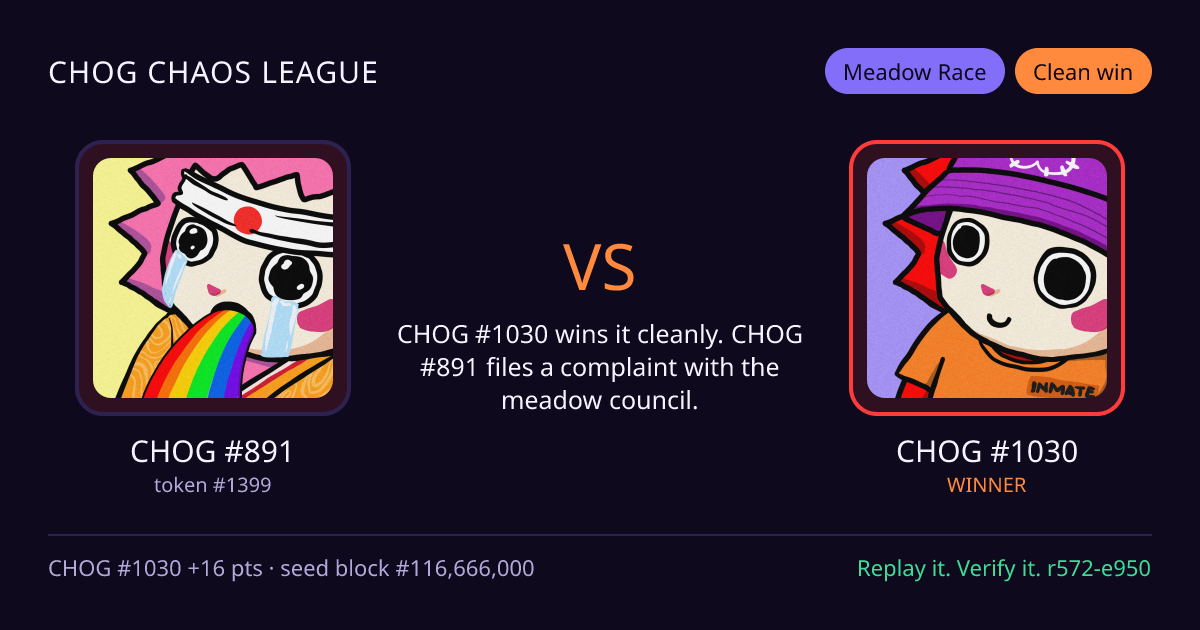 Highlight card: CHOG #891 versus CHOG #1030