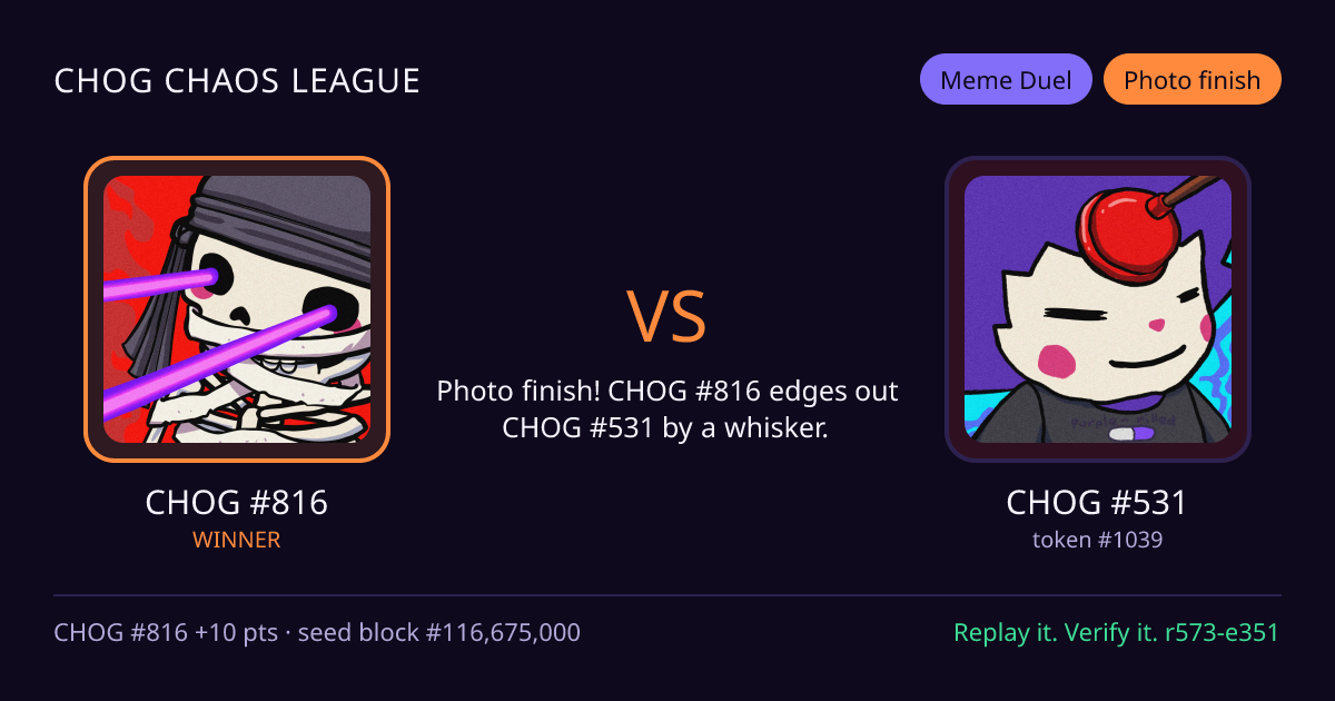 Highlight card: CHOG #816 versus CHOG #531
