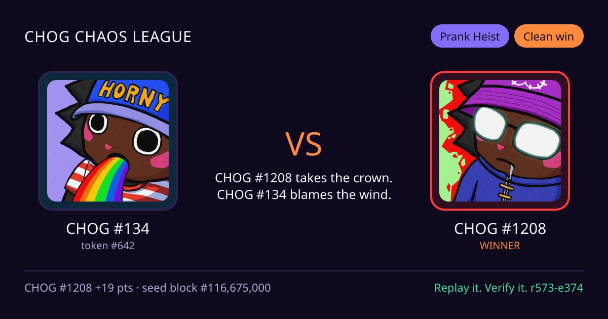 Highlight card: CHOG #134 versus CHOG #1208