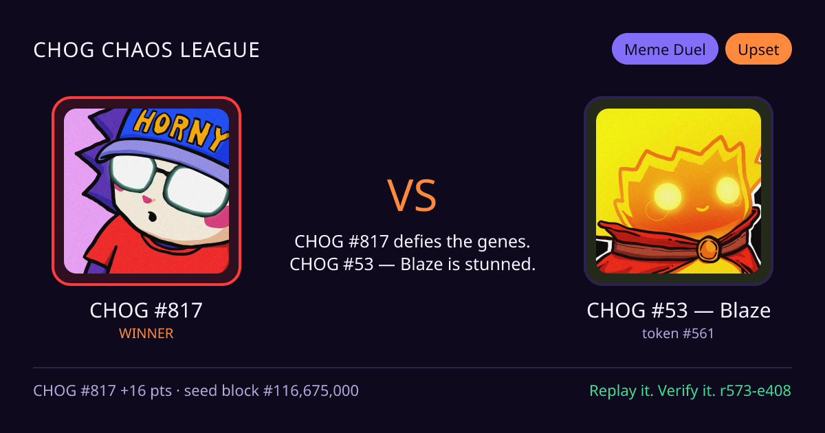 Highlight card: CHOG #817 versus CHOG #53 — Blaze