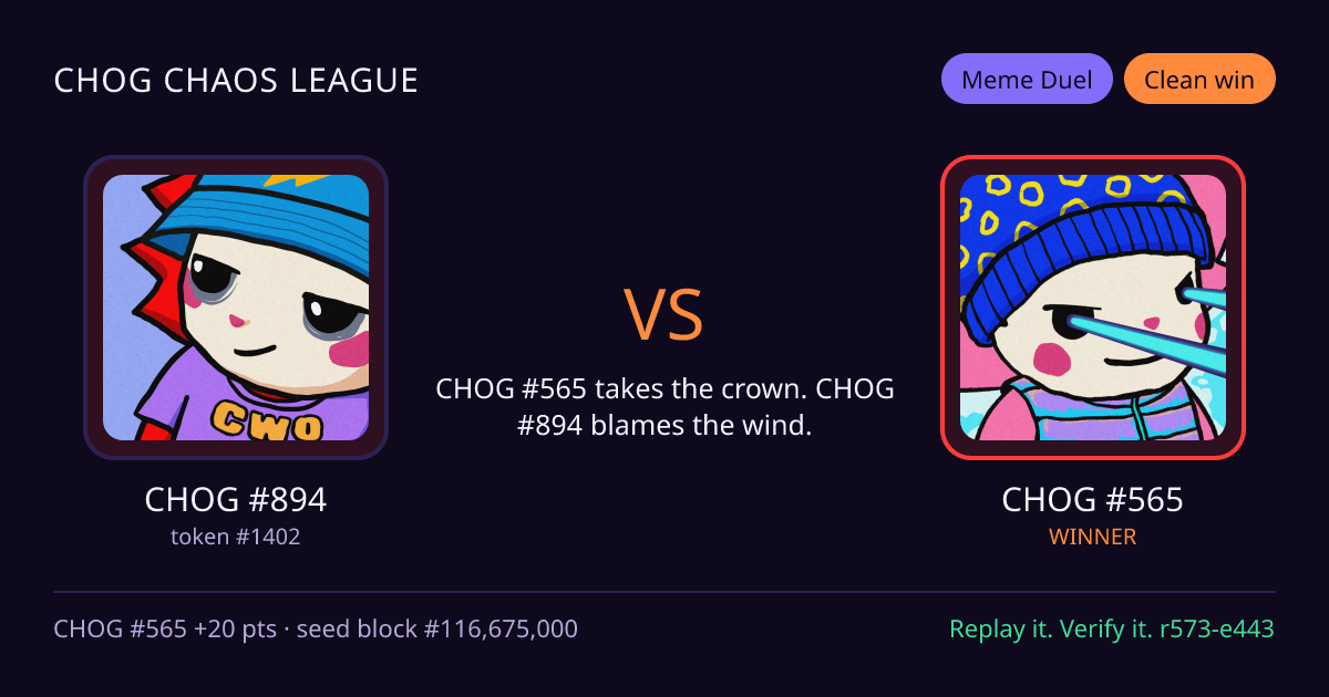 Highlight card: CHOG #894 versus CHOG #565