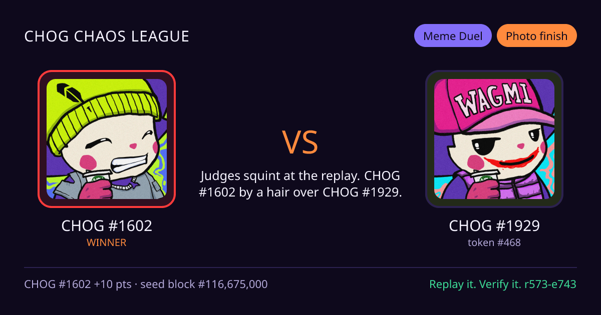 Highlight card: CHOG #1602 versus CHOG #1929