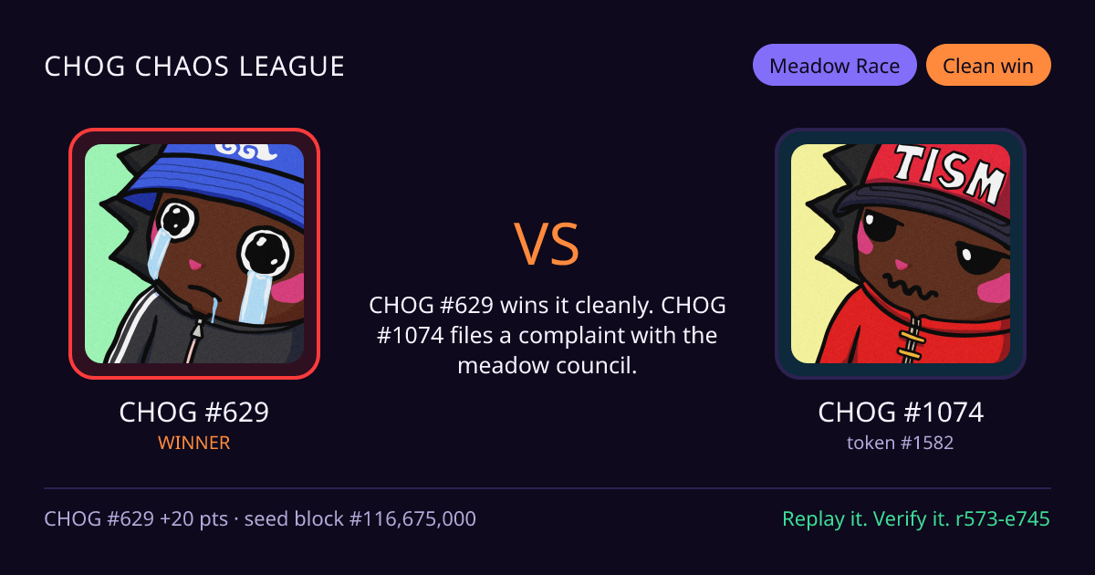 Highlight card: CHOG #629 versus CHOG #1074