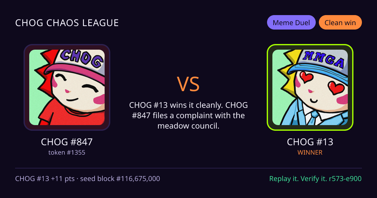 Highlight card: CHOG #847 versus CHOG #13