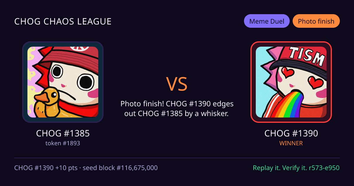 Highlight card: CHOG #1385 versus CHOG #1390