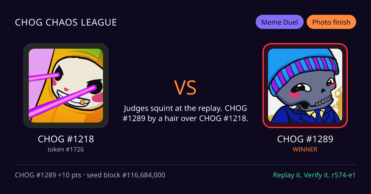 Highlight card: CHOG #1218 versus CHOG #1289