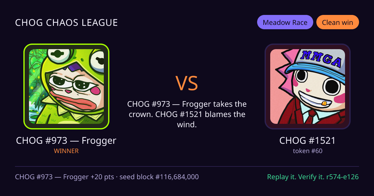 Highlight card: CHOG #973 — Frogger versus CHOG #1521
