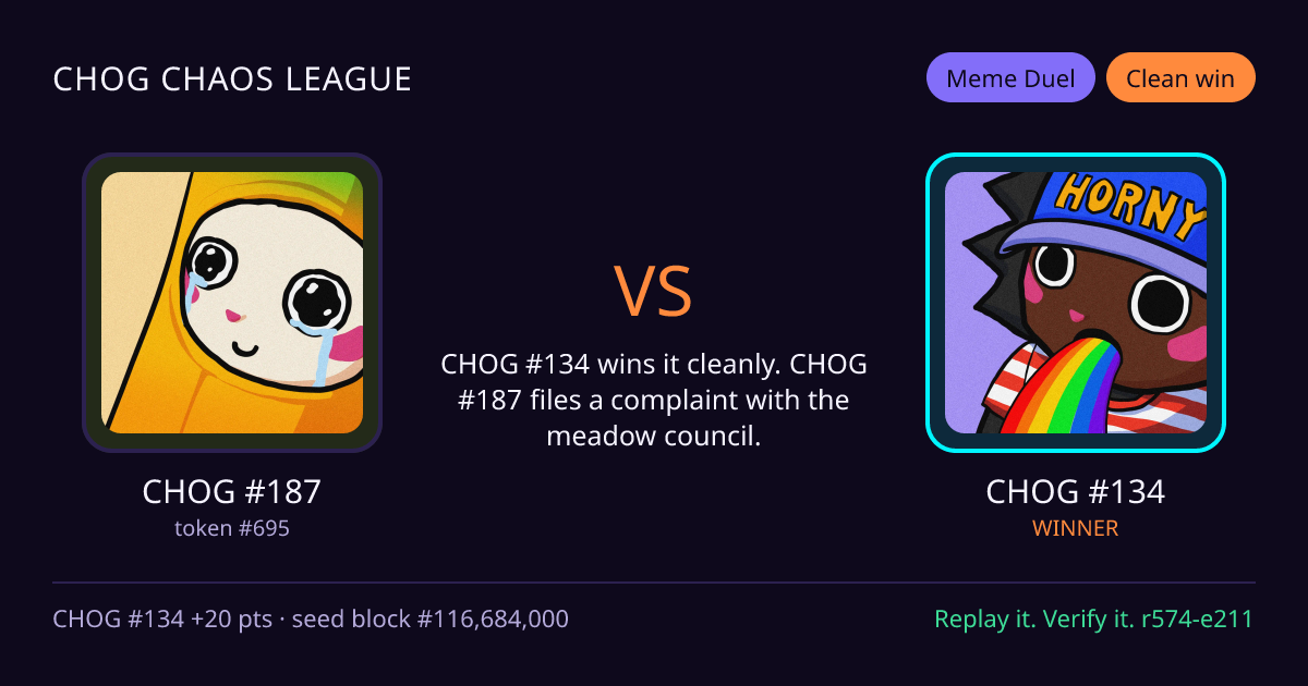 Highlight card: CHOG #187 versus CHOG #134