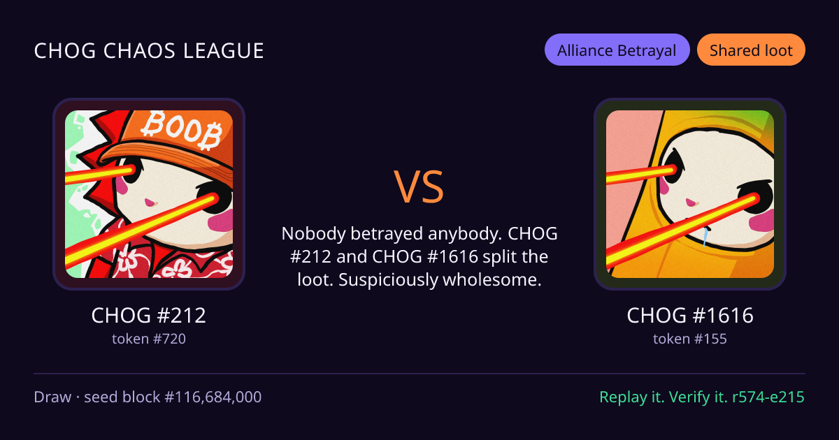Highlight card: CHOG #212 versus CHOG #1616