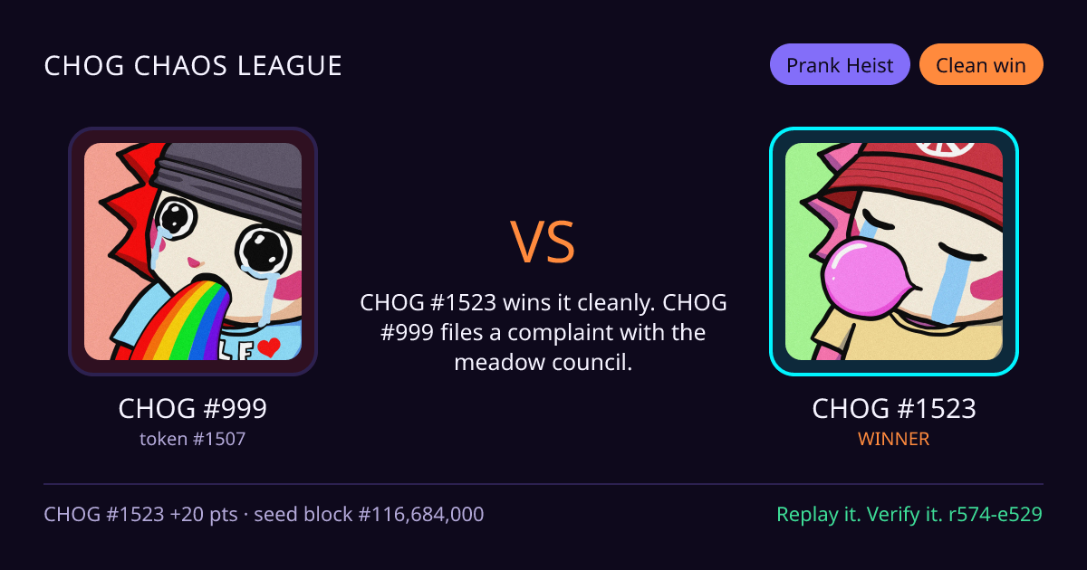 Highlight card: CHOG #999 versus CHOG #1523