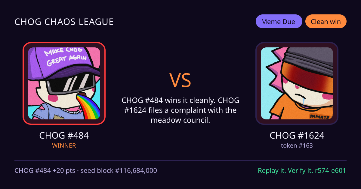 Highlight card: CHOG #484 versus CHOG #1624