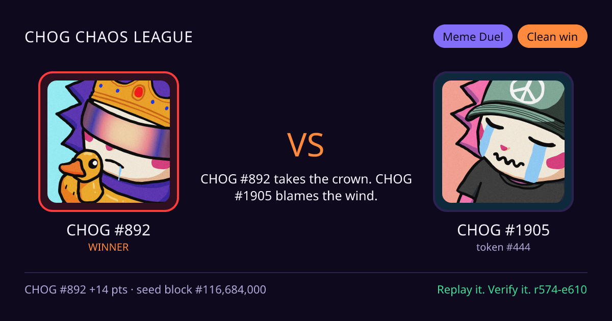 Highlight card: CHOG #892 versus CHOG #1905