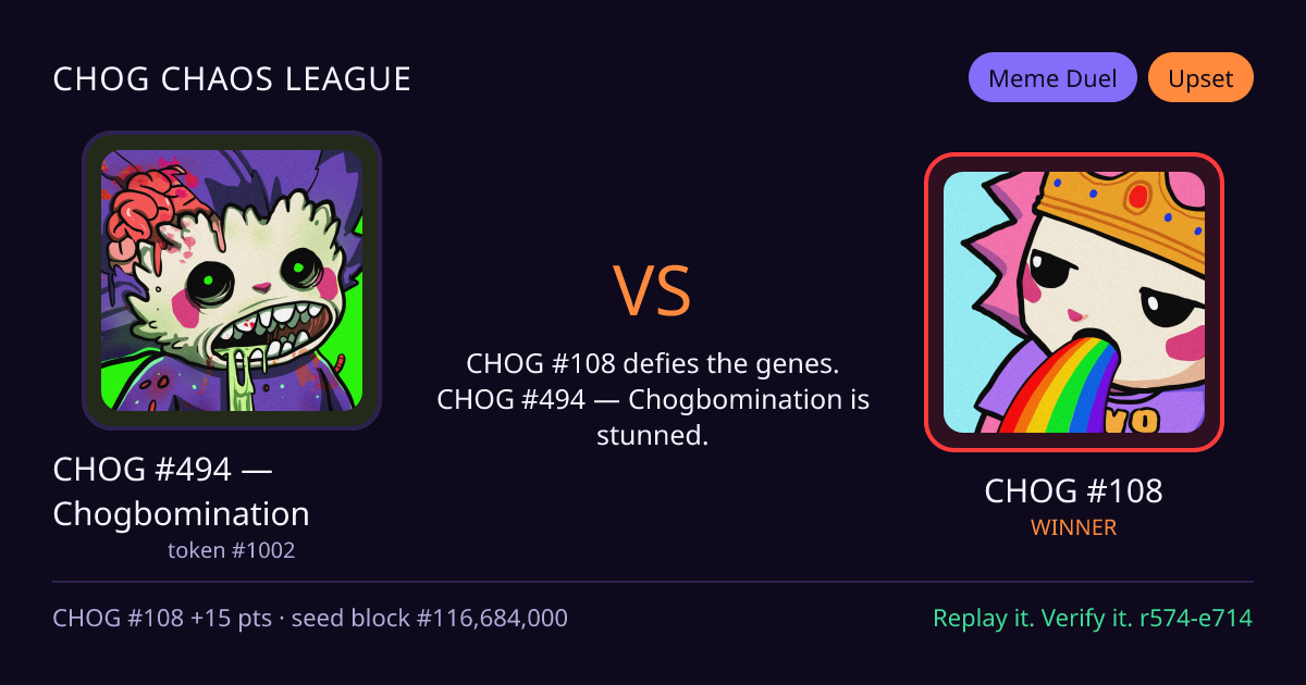 Highlight card: CHOG #494 — Chogbomination versus CHOG #108