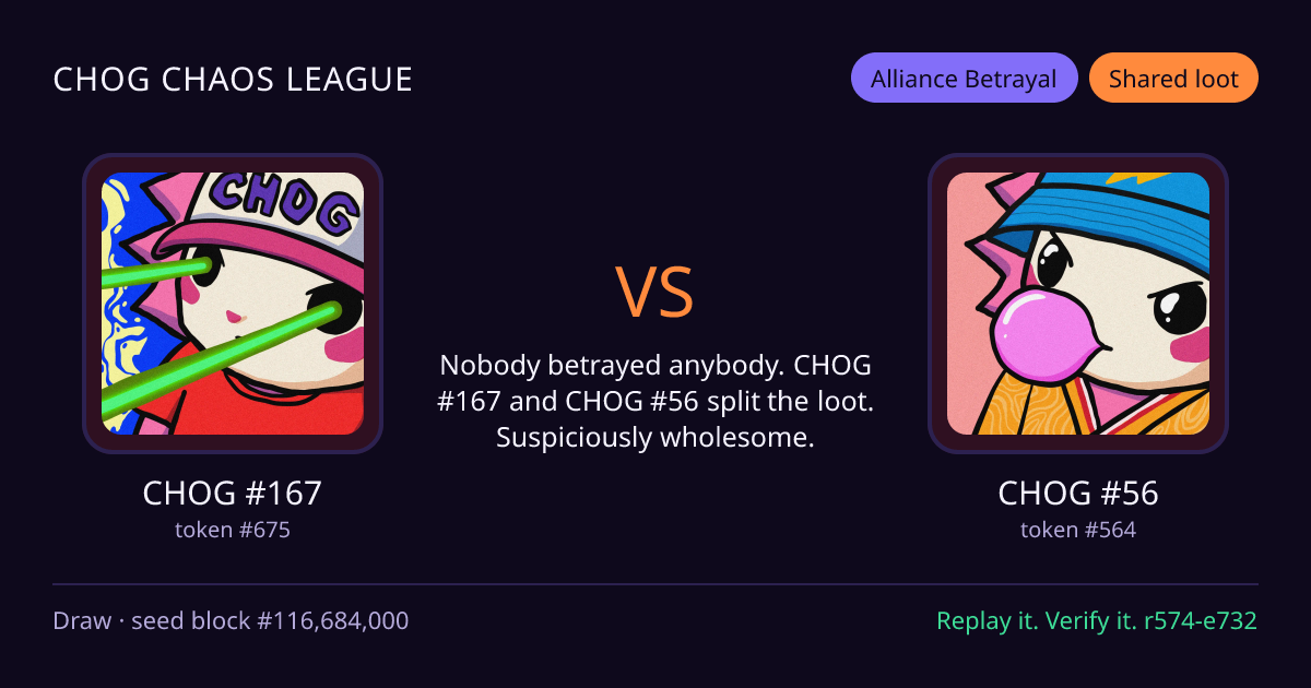 Highlight card: CHOG #167 versus CHOG #56
