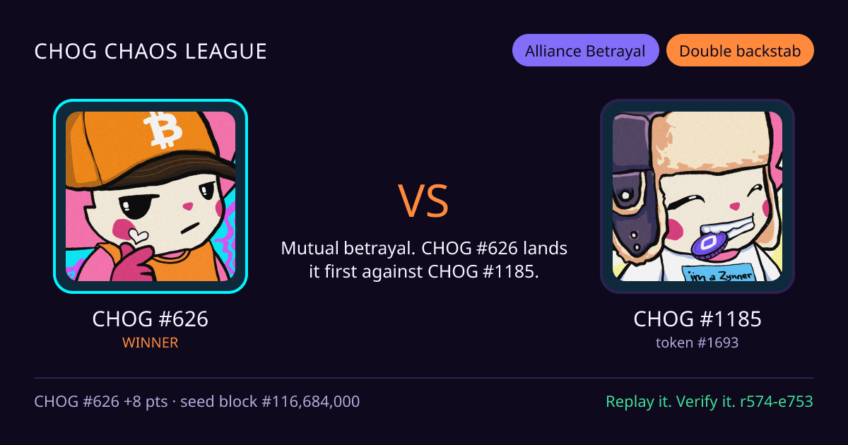 Highlight card: CHOG #626 versus CHOG #1185