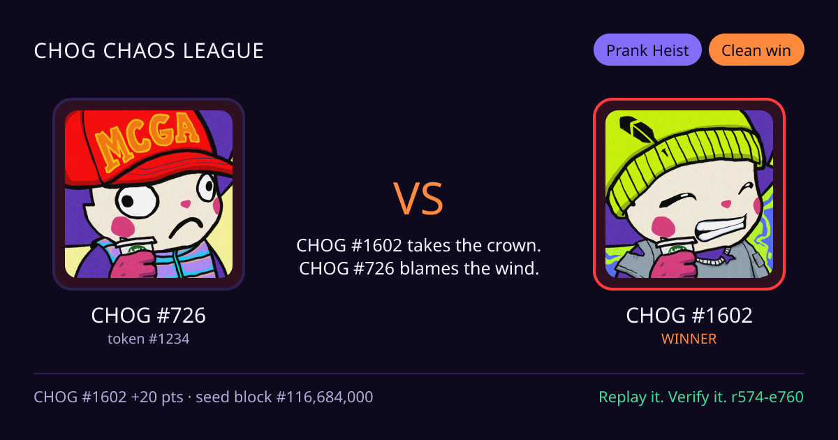 Highlight card: CHOG #726 versus CHOG #1602