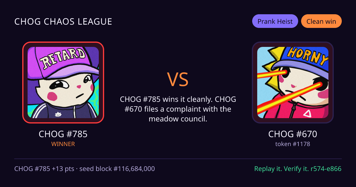 Highlight card: CHOG #785 versus CHOG #670