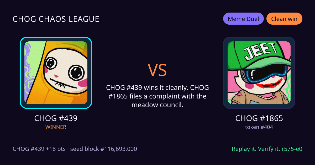 Highlight card: CHOG #439 versus CHOG #1865