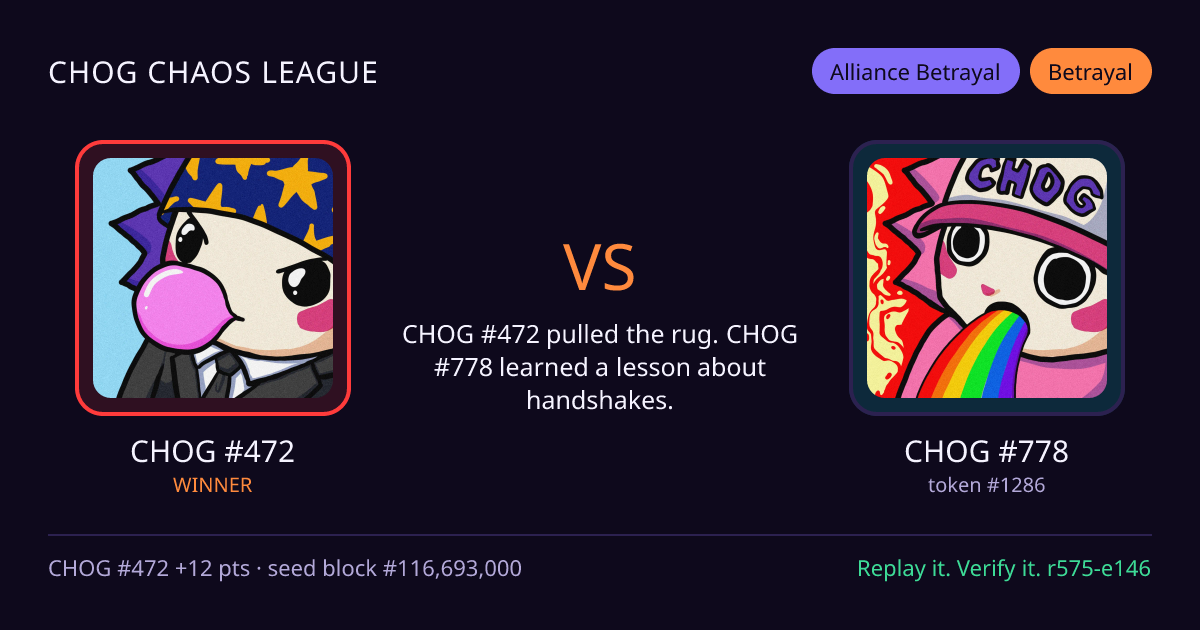 Highlight card: CHOG #472 versus CHOG #778