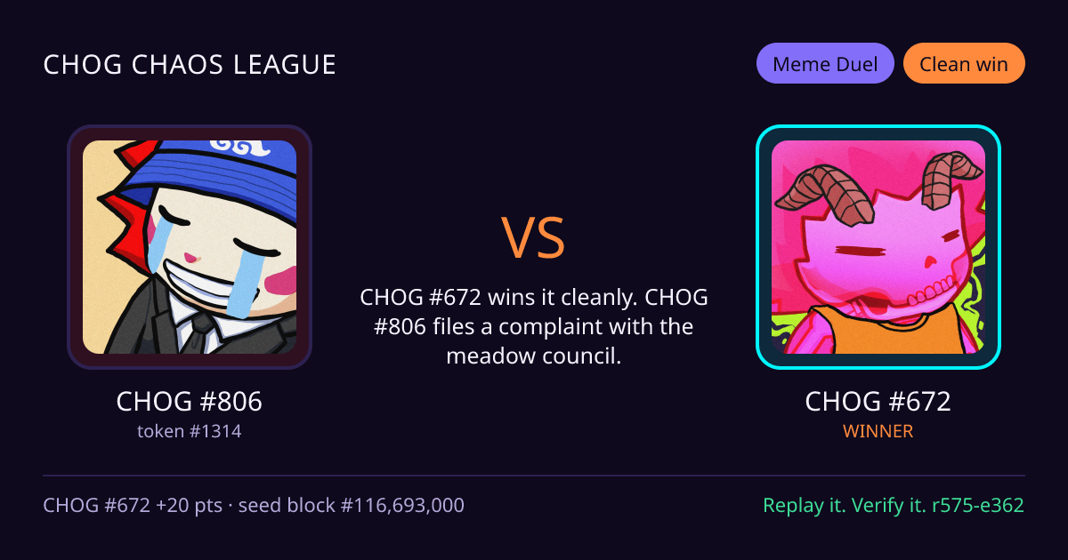 Highlight card: CHOG #806 versus CHOG #672