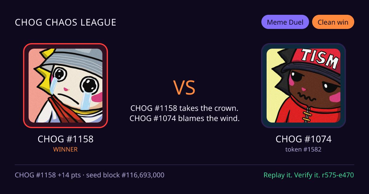 Highlight card: CHOG #1158 versus CHOG #1074