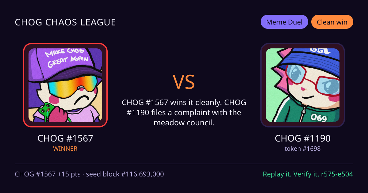 Highlight card: CHOG #1567 versus CHOG #1190