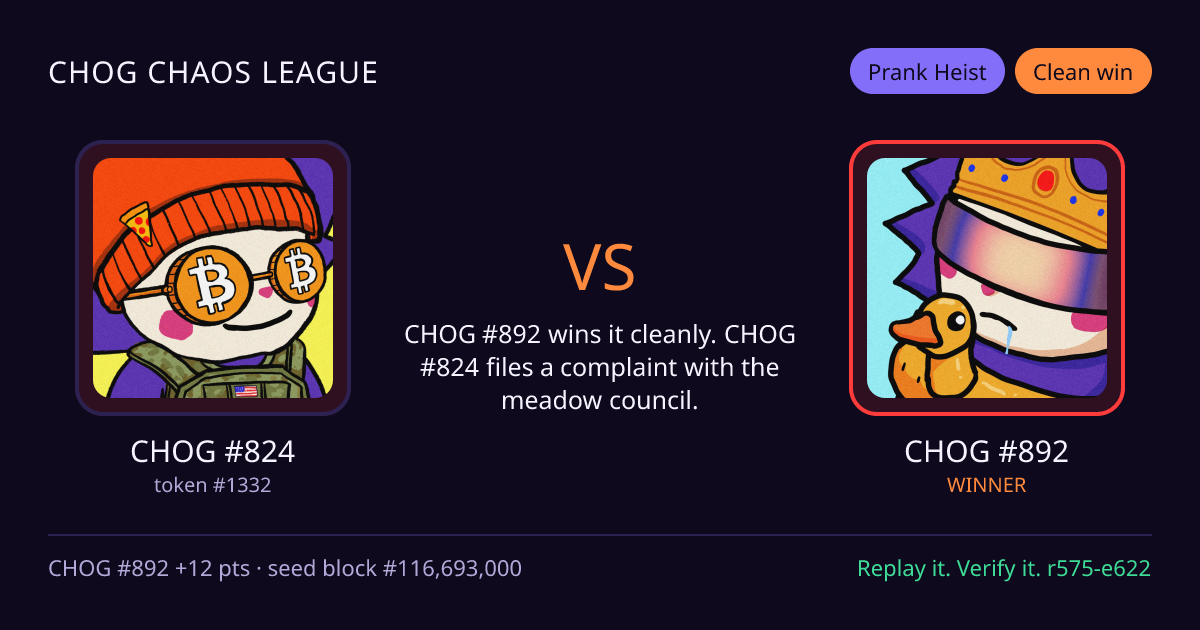 Highlight card: CHOG #824 versus CHOG #892