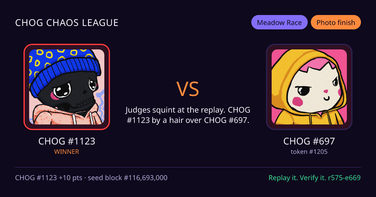 Highlight card: CHOG #1123 versus CHOG #697