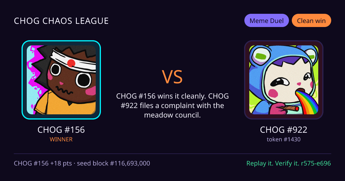 Highlight card: CHOG #156 versus CHOG #922