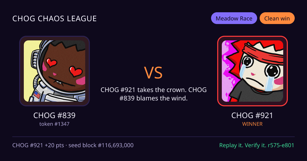 Highlight card: CHOG #839 versus CHOG #921