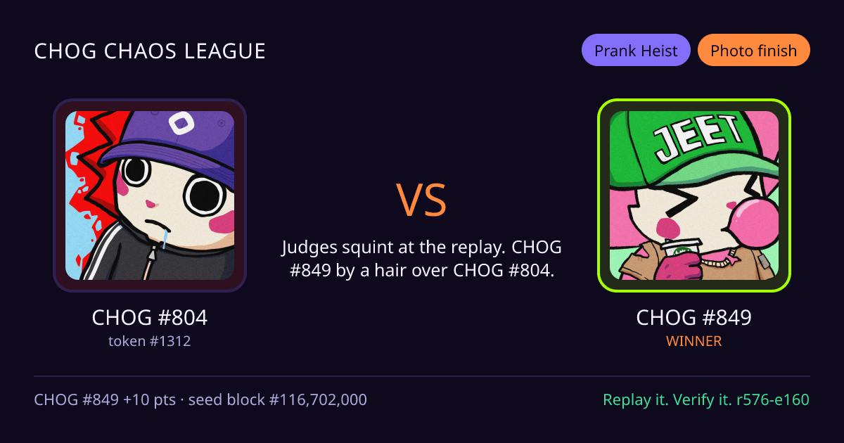 Highlight card: CHOG #804 versus CHOG #849