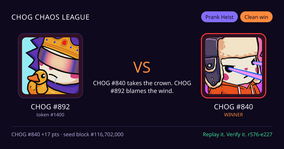 Highlight card: CHOG #892 versus CHOG #840