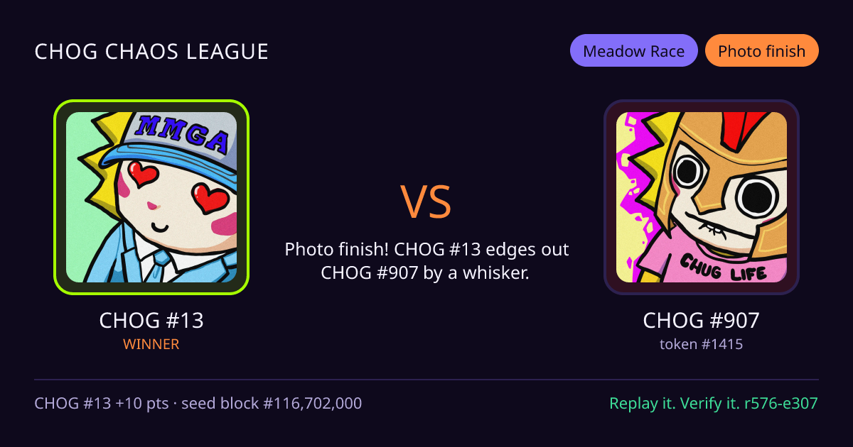 Highlight card: CHOG #13 versus CHOG #907