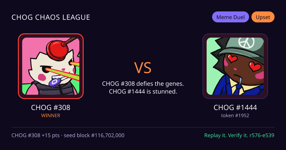Highlight card: CHOG #308 versus CHOG #1444