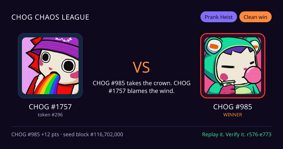 Highlight card: CHOG #1757 versus CHOG #985
