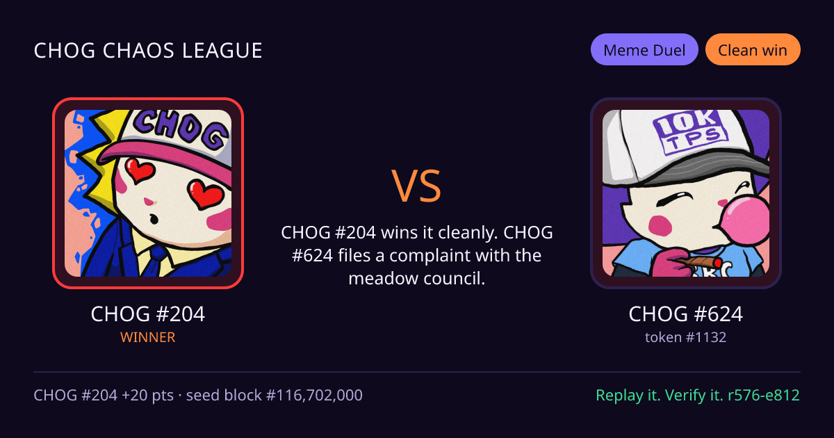 Highlight card: CHOG #204 versus CHOG #624