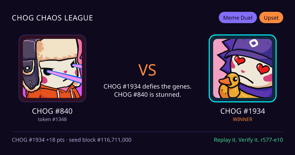 Highlight card: CHOG #840 versus CHOG #1934