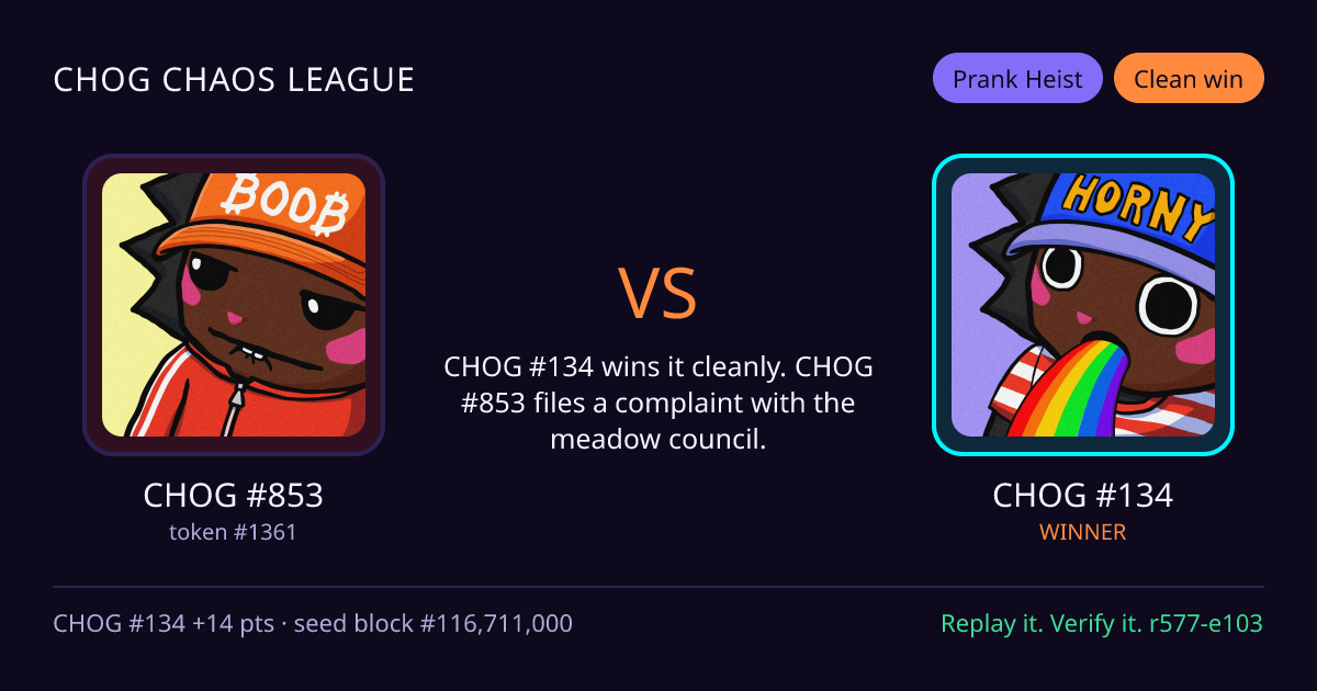 Highlight card: CHOG #853 versus CHOG #134
