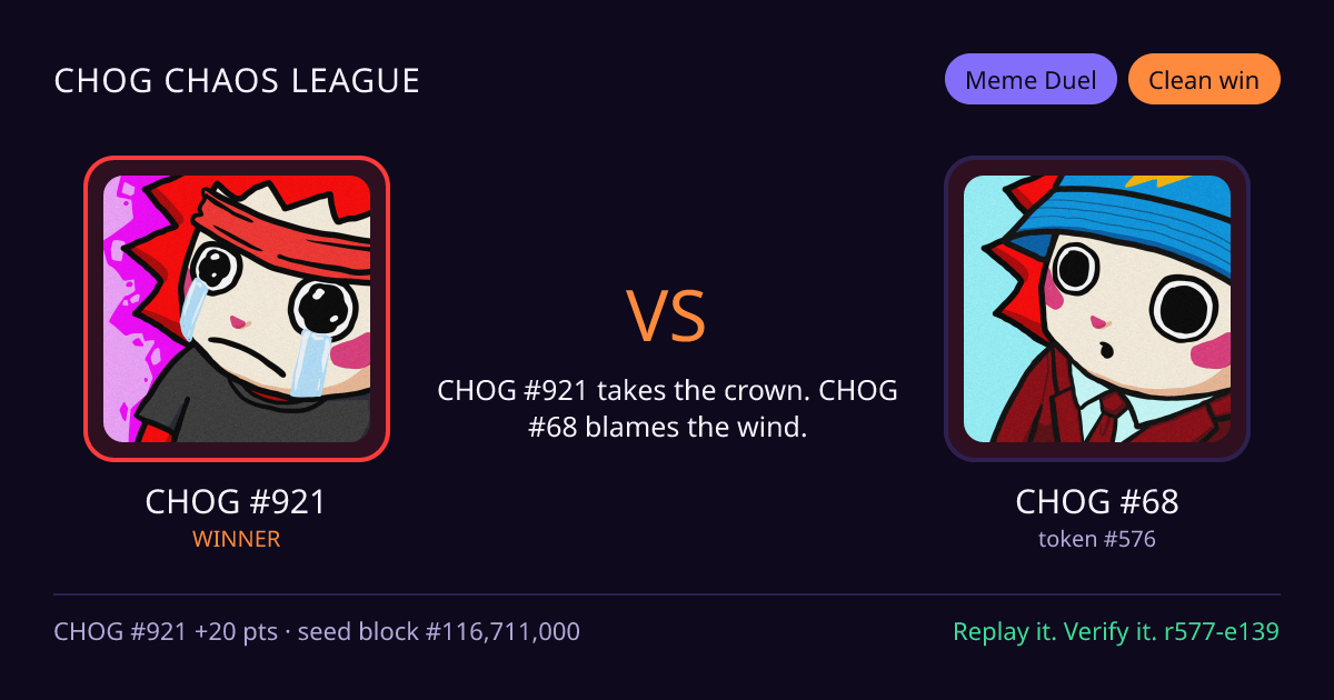 Highlight card: CHOG #921 versus CHOG #68