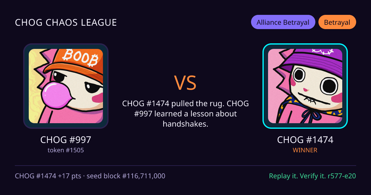 Highlight card: CHOG #997 versus CHOG #1474